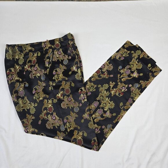 Silk Box Size 4 Black Slim Leg Pants Flower :eaf Brocade Look Side Zipper - Picture 2 of 12